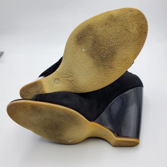 GUISEPPE ZANOTTI DESIGN women 40.5/9.5 black suede & patent wedge open toe heels - Picture 7 of 11